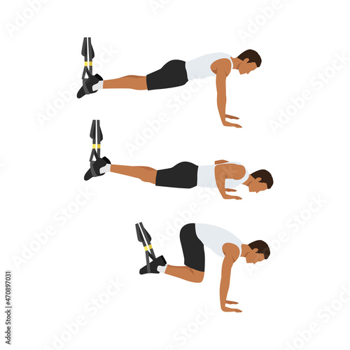 Man character doing TRX Suspension straps atomic push ups flat vector illustration isolated on different layers