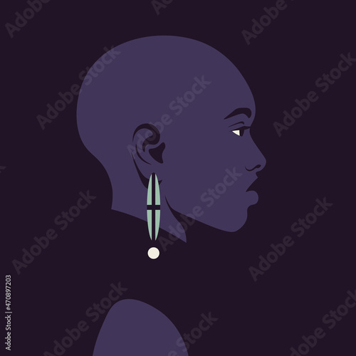 Portrait of a bald African woman in profile. A face of fashion model on dark background. Side view. Diversity. Avatar. Alopecia. Vector flat illustration
