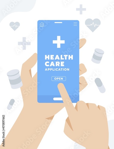 Hand holding smartphone open application in telemedicine or telehealth concept. Healthcare and medical concept. Hand draw style. Vector illustration.