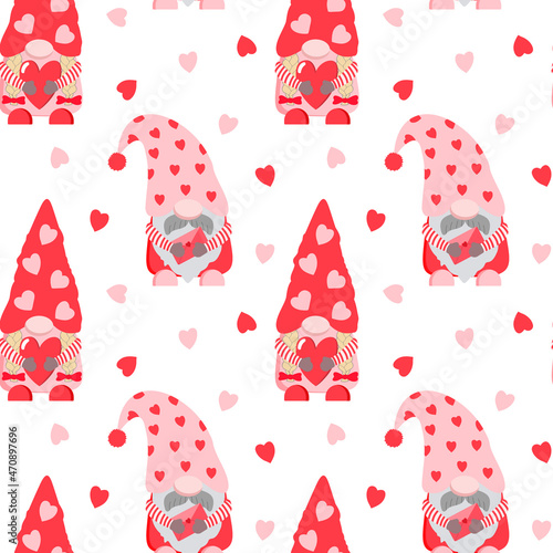 Cute Valentine's day gnomes with hearts seamless pattern. Isolated on white background. 14 February themed print for design.