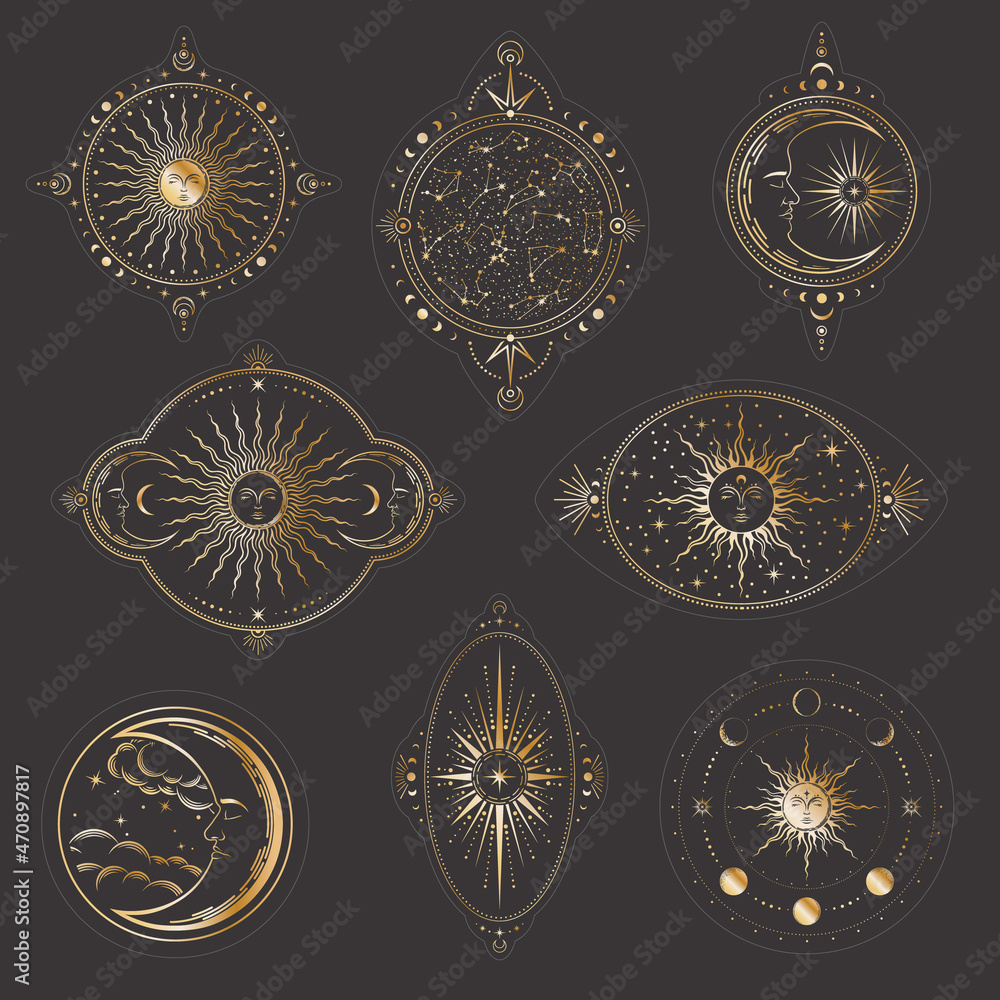 Vector shiny celestial stickers set with golden suns with sleeping faces, moon phases, crescents and stars. Sketches tattoo in boho style on a black background. Mystic linear labels collection Vector shiny celestial stickers set with golden suns with sleeping faces, moon phases, crescents and stars. Sketches tattoo in boho style on a black background. Mystic linear labels collection