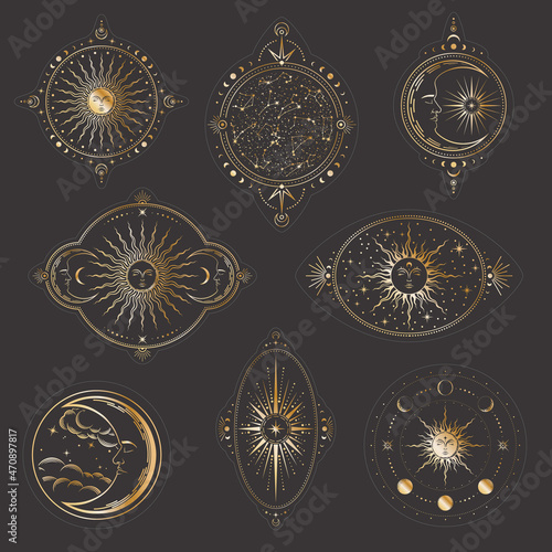 Vector shiny celestial stickers set with golden suns with sleeping faces, moon phases, crescents and stars. Sketches tattoo in boho style on a black background. Mystic linear labels collection