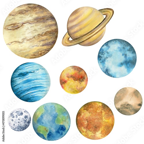 Fototapeta Naklejka Na Ścianę i Meble -  A set of round space planets of the solar system and the Moon, watercolor painting