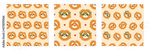 Set, collection of three vector seamless pattern backgrounds with smiling pretzel, knot-shaped baked pastry characters.

