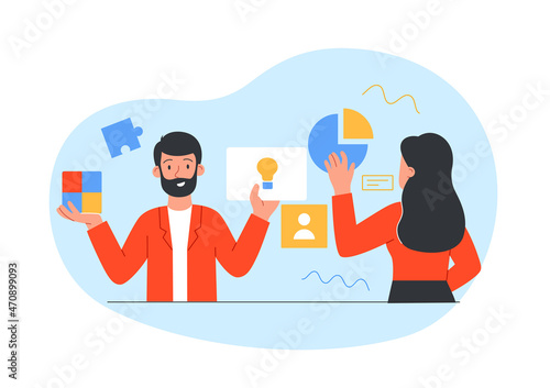 Business support abstract. Analytical department, results of research. Man comes with idea to investor. Characters analyze company prospects, market assessment. Cartoon flat vector illustration