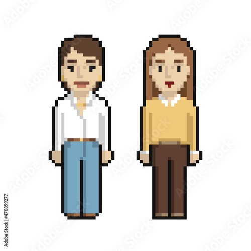 Pixel art set of cute fashion women on a white background.