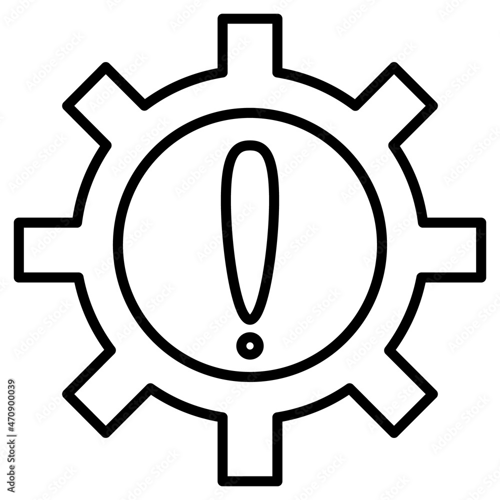 Attention - a problem has been detected in the engine. A gear wheel and an exclamation mark. Danger of mechanism failure, overload. Vector icon, outline, isolated.
