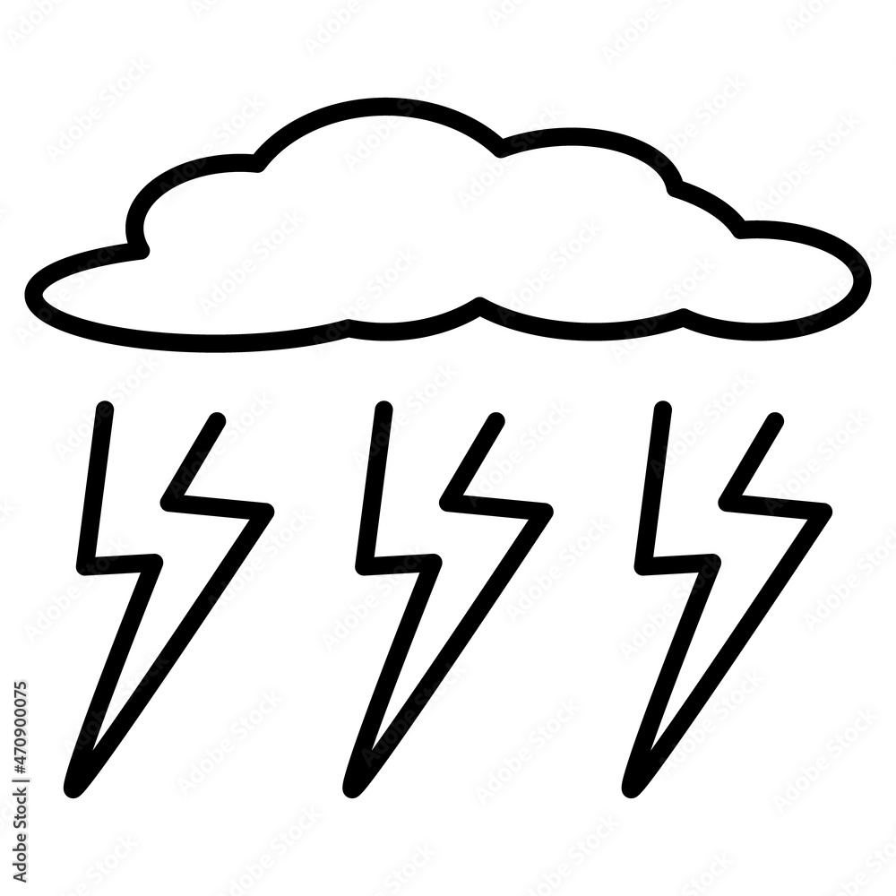 The weather forecast is a severe thunderstorm. A cloud and three lightning bolts. Unfavorable climate. Inclement weather. Vector icon, outline, isolated.