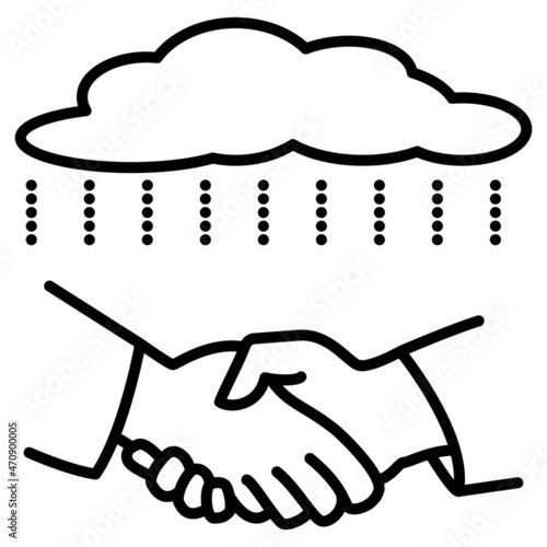 Making a transaction in unfavorable conditions. Threat, danger, obstacle to the contract. Management risk. A handshake in the rain. Vector icon, outline, isolated.