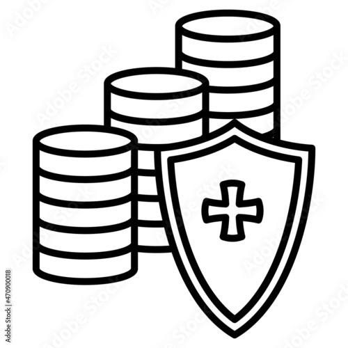 Deposit protection, safe storage of money. Stacks of coins behind the shield. Reliability of the bank vault. Vector icon, outline, isolated.