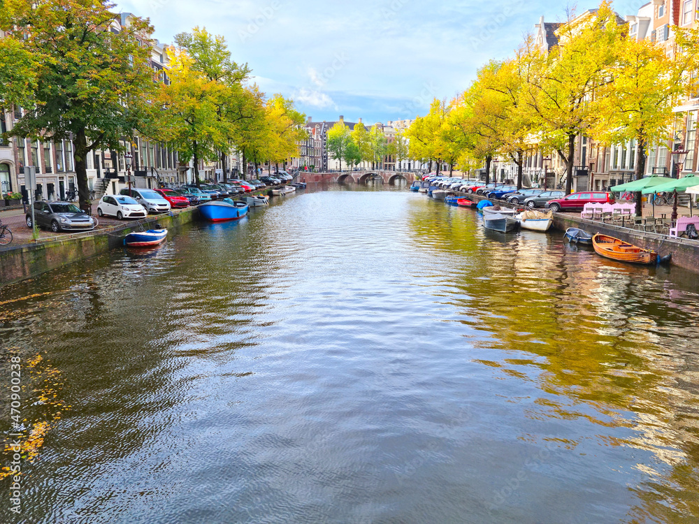 View of a canal in Amsterdam during the autumn