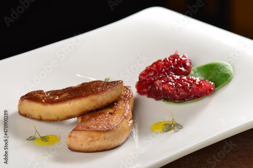 Fine dining, Roasted foie gras with cherry sauce on the plate