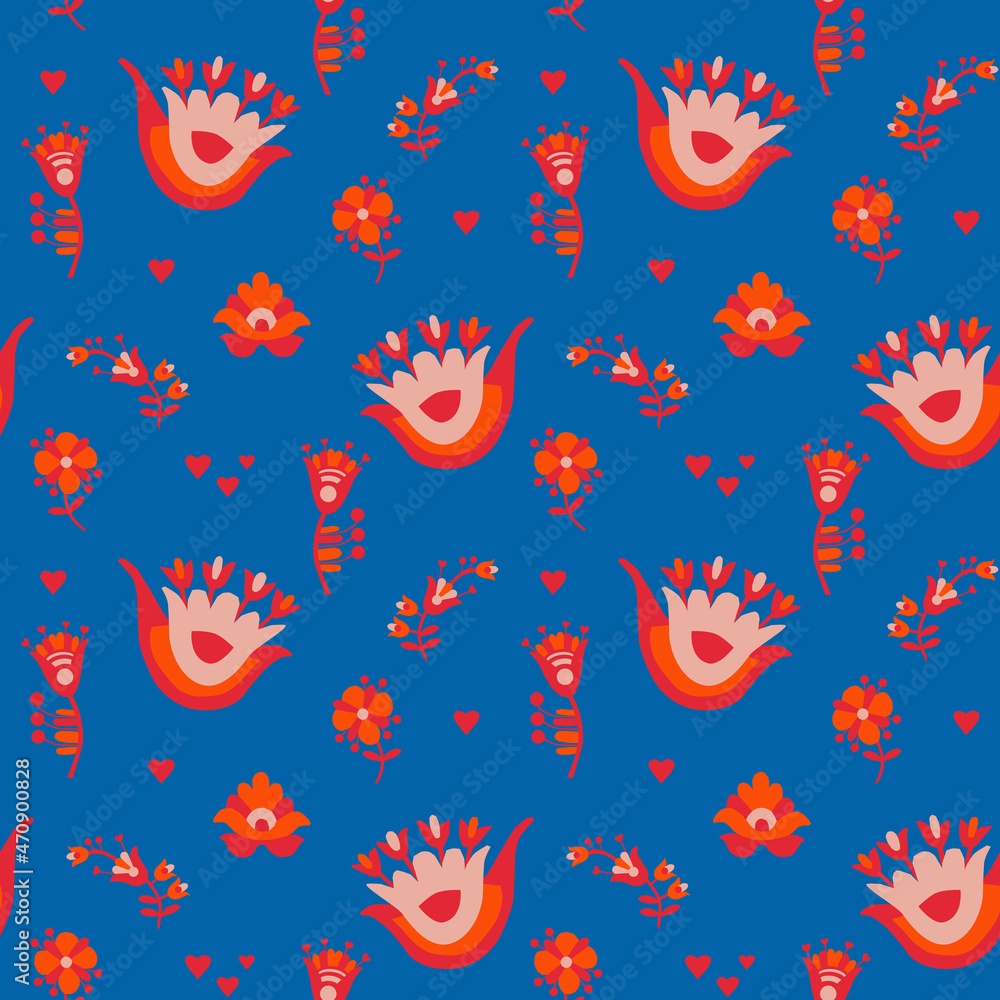 Seamless pattern created from folk style elements on a blue background. For fabric, sketchbook, wallpaper, wrapping paper. Seamless pattern created from folk style elements on a blue background. For fabric, sketchbook, wallpaper, wrapping paper.