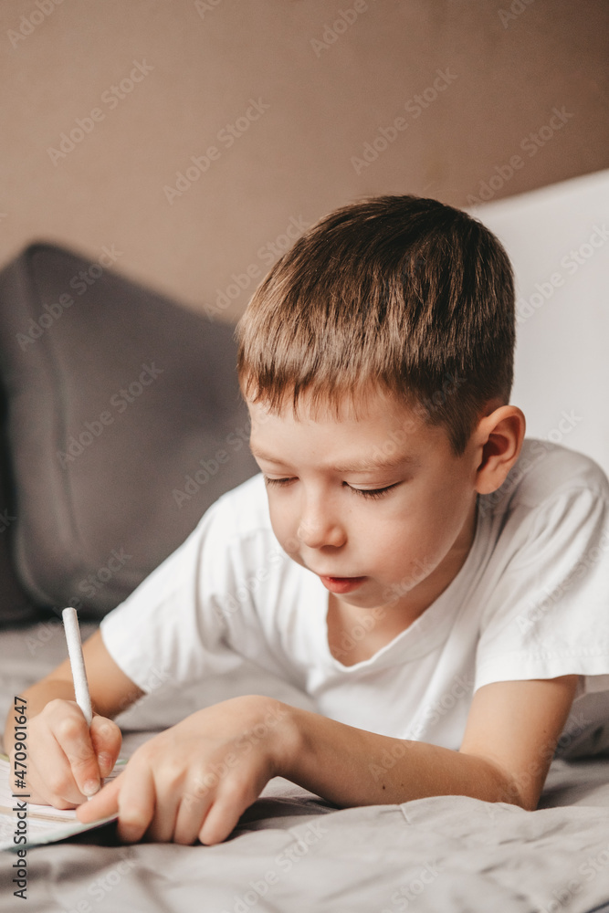 portrait of boy doing homework lying on gray sofa. A teenager writes in a workbook on the couch. Homeschooling a 9 year old boy. Free learning portrait of boy doing homework lying on gray sofa. A teenager writes in a workbook on the couch. Homeschooling a 9 year old boy. Free learning