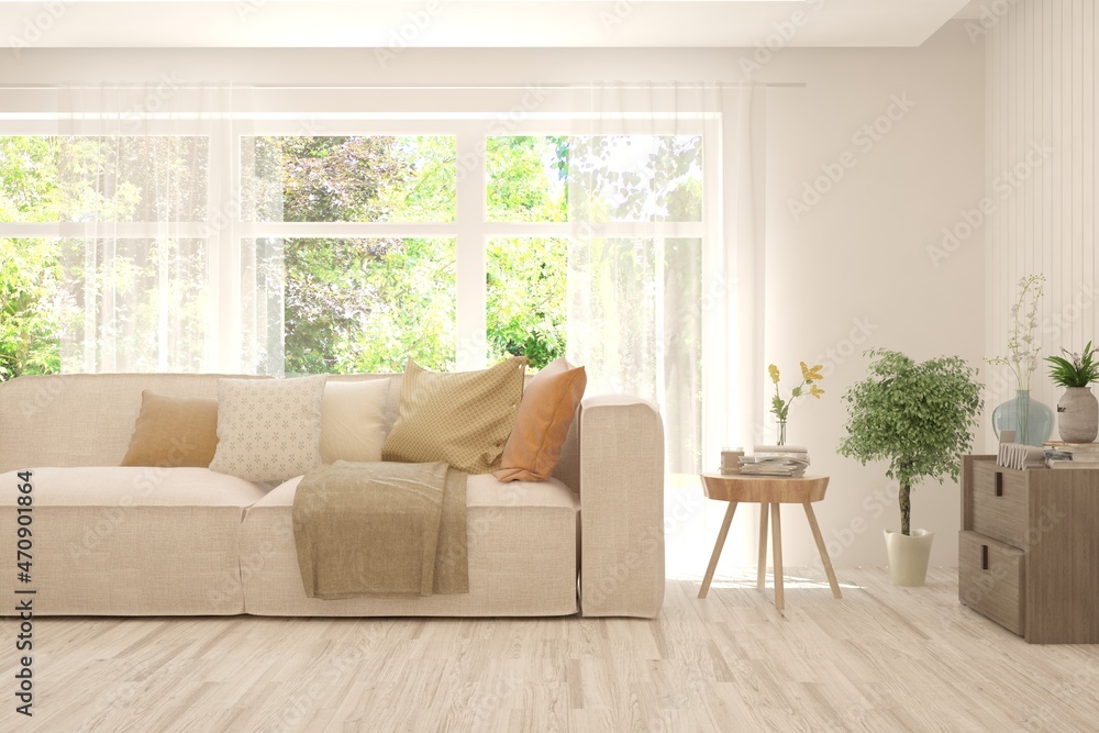 Fototapeta premium Minimalist living room in white color with sofa and summer landscape in window. Scandinavian interior design. 3D illustration