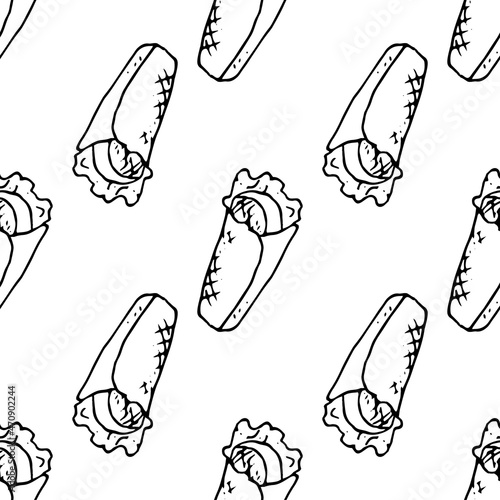 shawarma pattern. seamless pattern of hand-drawn shawarma, meat with greens in a flatbread, isolated contour on white for a menu design template