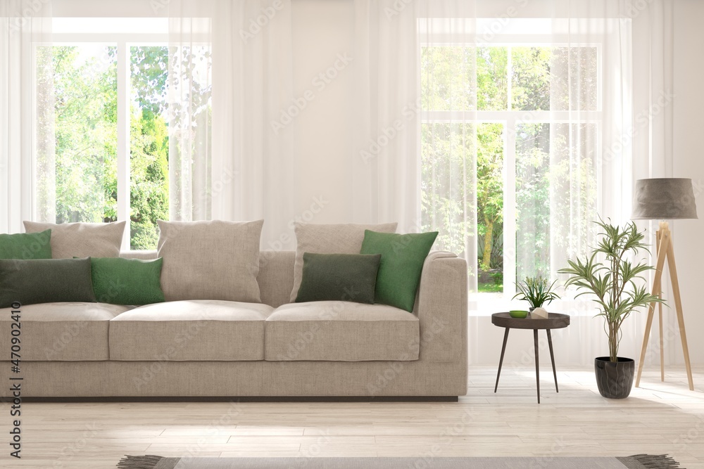 White living room with sofa and summer landscape in window. Scandinavian interior design. 3D illustration White living room with sofa and summer landscape in window. Scandinavian interior design. 3D illustration