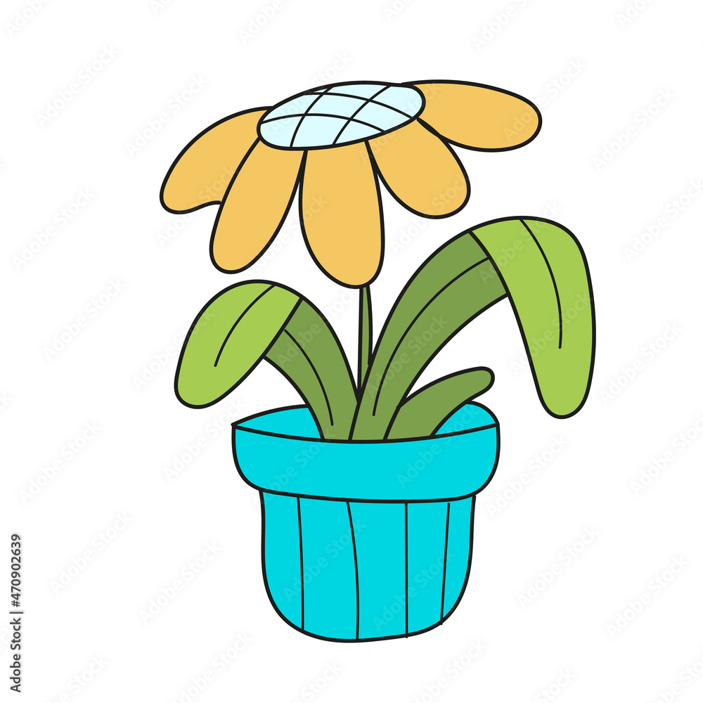 Simple cartoon icon. Flower in a blue pot. A home plant, a botanical flower pot. Drawing in a cartoon style on a white background