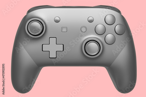 Silver video game joystick on pink background. Concept of winner awards