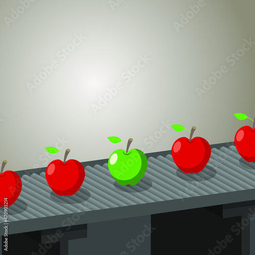 red apples and one green on conveyor belt, vector illustration 