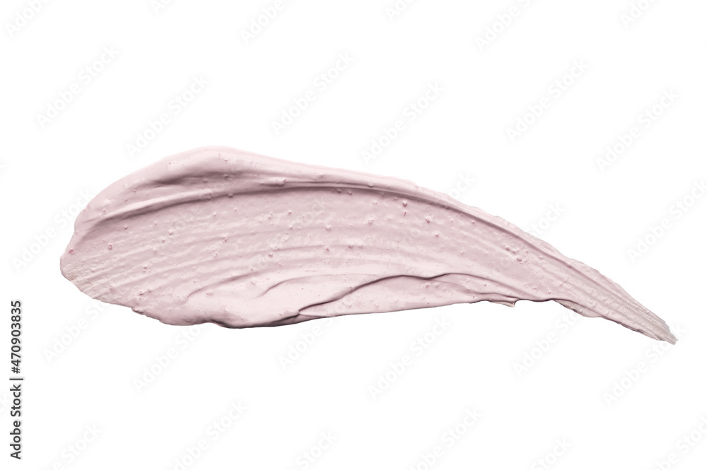 Handmade light pink mask for skincare of organic medicinal clay drop stroked on white background extreme upper close view