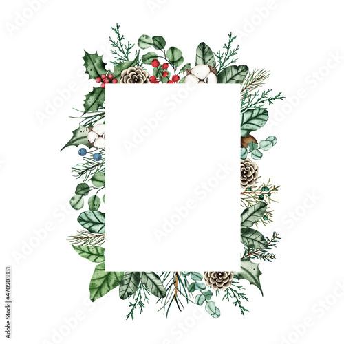 Watercolor christmas frame with fir branches, pine cone, cotton, leaves isolated on white background. Botanical winter greenery holiday illustration for wedding invitation card design