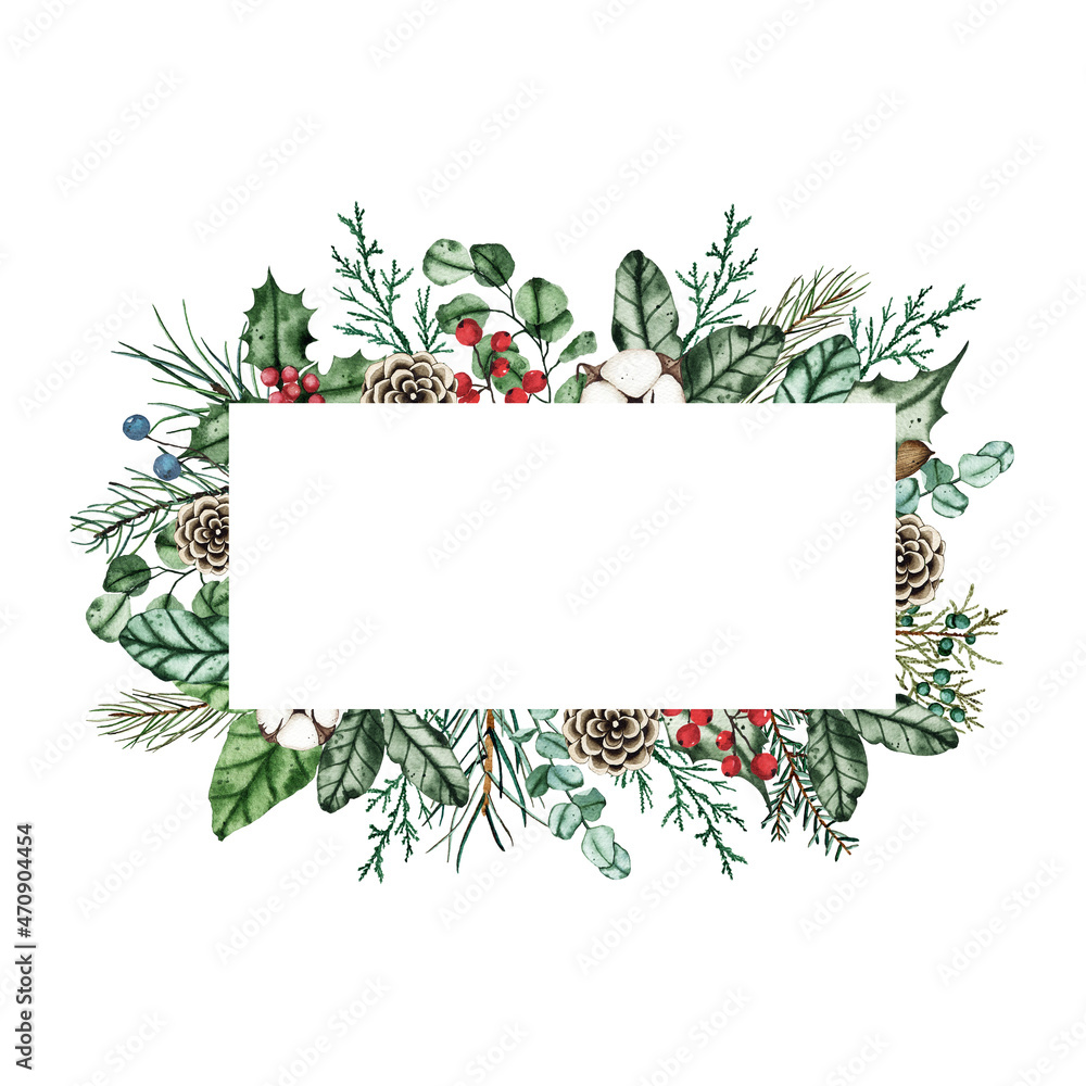 Watercolor christmas frame with fir branches, pine cone, cotton, leaves ...