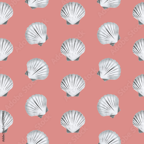 Seamless pattern of seashells made using stencil technique on a pink background. For fabric, sketchbook, wallpaper, wrapping paper.