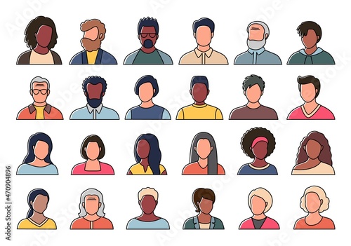 Set of persons, avatars, people heads of different ethnicity and age in flat style. Multi nationality social networks people faces collection.