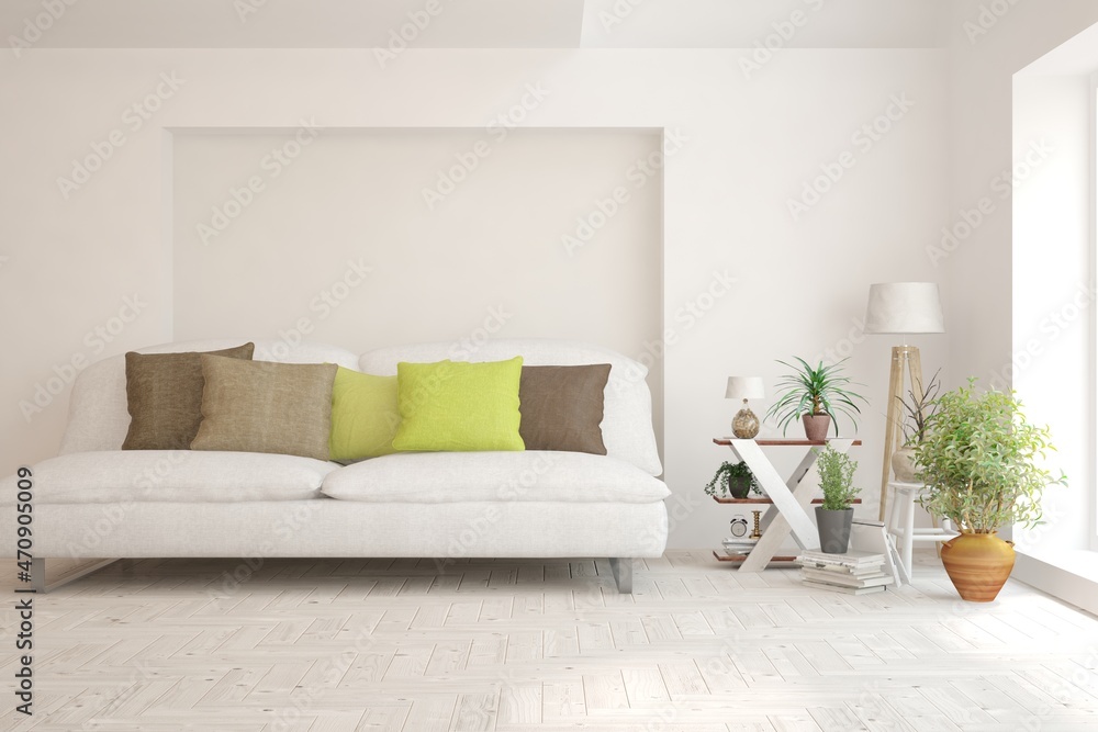 Fototapeta premium White living room with sofa. Scandinavian interior design. 3D illustration