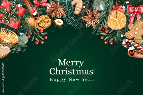 Christmas background with Christmas tree branches and decorations. Vector illustration