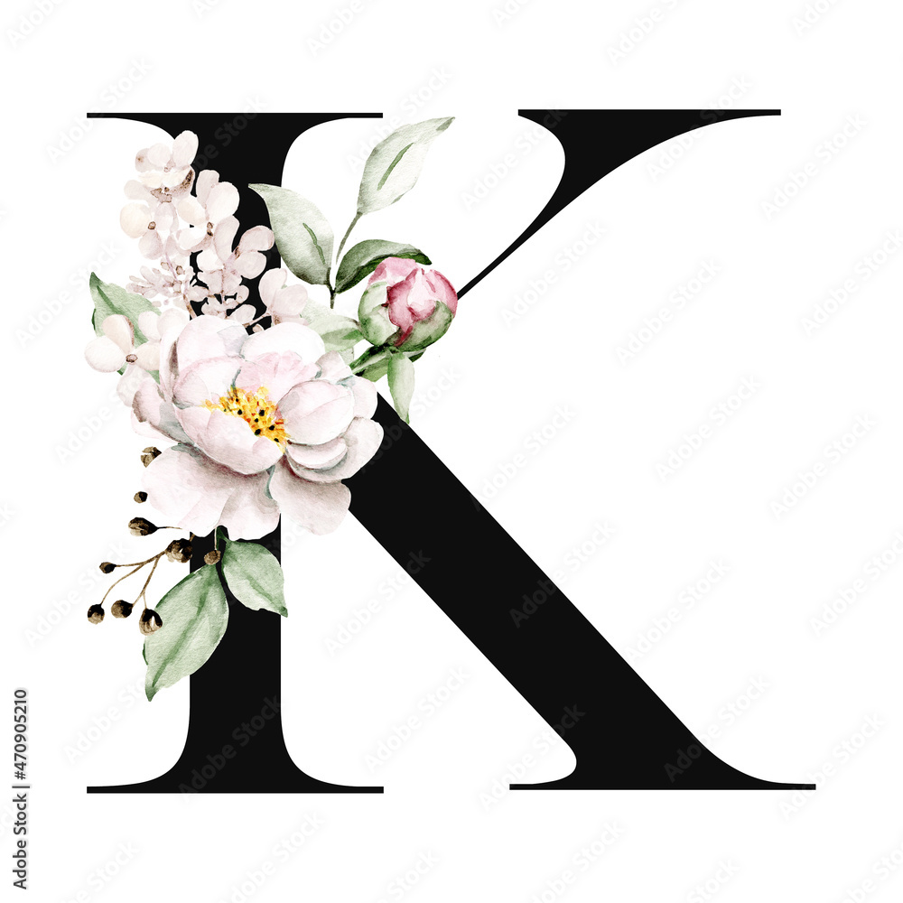 Floral alphabet, letter k with watercolor flowers and leaf. Monogram ...