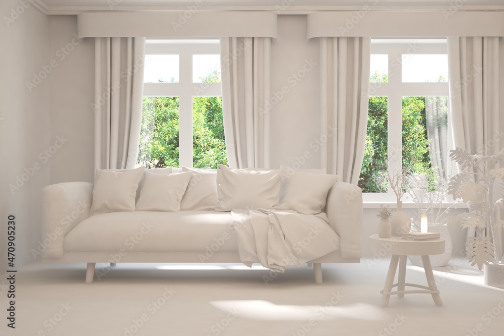 Stylish room in white color with sofa and summer landscape in window. Scandinavian interior design. 3D illustration Stylish room in white color with sofa and summer landscape in window. Scandinavian interior design. 3D illustration