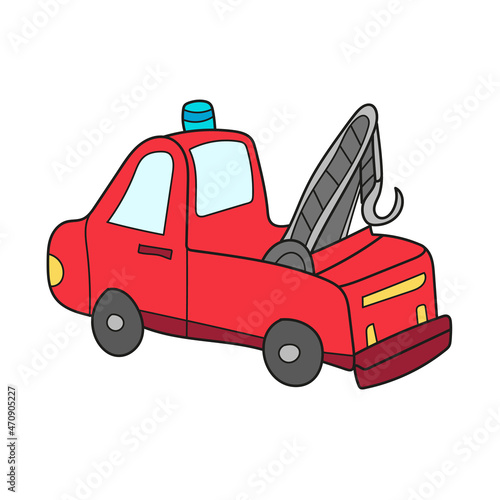 Simple cartoon icon. Cartoon tow truck evacuator. Vector hand drawn illustration on white