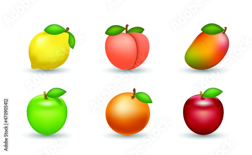 6 Emoticon isolated on White Background. Lemon, peach, mango, green and red apple, orange vector emoji Illustration. 3d Illustration set. Fruit set