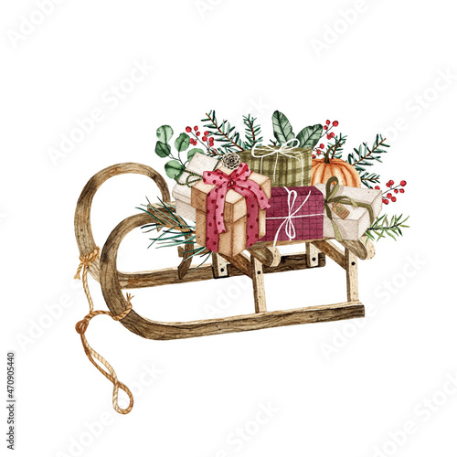 Obraz na plátně Watercolor Christmas wooden sledge decorated with gift boxes, fir branches isolated on white background