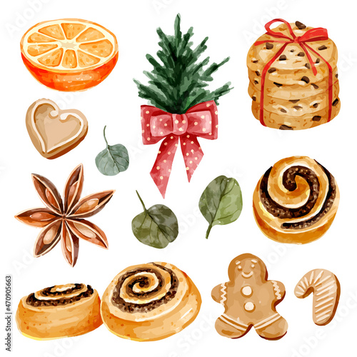 Christmas festive handdrawn watercolor element collection, holliday attributes