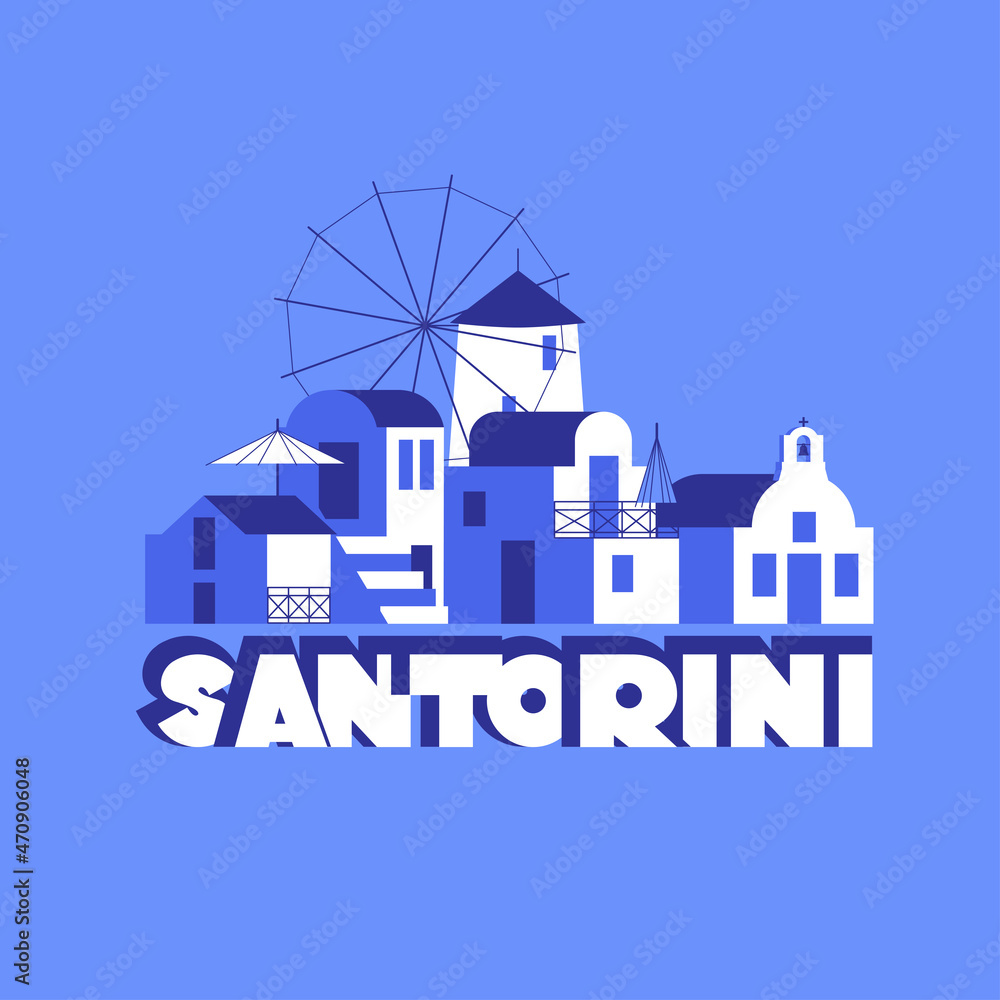 Santorini city name and city sights in blue-white color. Vector illustration in flat style for touristic industry Santorini city name and city sights in blue-white color. Vector illustration in flat style for touristic industry