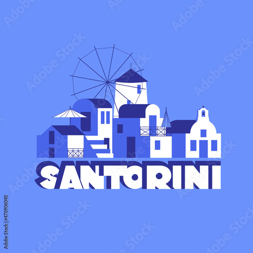 Santorini city name and city sights in blue-white color. Vector illustration in flat style for touristic industry