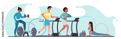 Young men and women athletes doing exercises at the gym. Sporty people lifting dumbbells, jogging on treadmill. Concept of sport, wellness, workout, run, fitness. Flat cartoon vector illustration