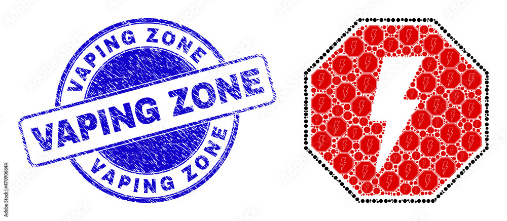 Vector stop electricity octagon icon collage is created with repeating self stop electricity octagon elements. Vaping Zone corroded blue round stamp seal.