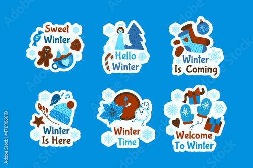 Fototapeta Naklejka Na Ścianę i Meble -  Winter cartoon badge with quote text set vector