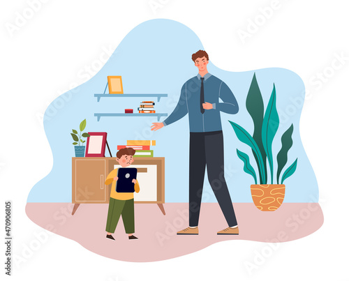 Dad scolds his little son in the living room. Concept of children and parents communication, family relations, parenting. Flat cartoon vector illustration
