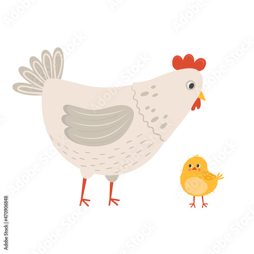 Cute mother hen standing together with her little chick. Chicken family vector illustration in flat style. Farm poultry birds isolated on white background