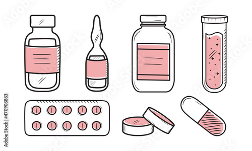 Set of doodle drugstore medicaments. Pills blister, capsule, vitamins, antidepressants, painkillers, antibiotic in line style. Chemical treatment drugs vector sketch illustration