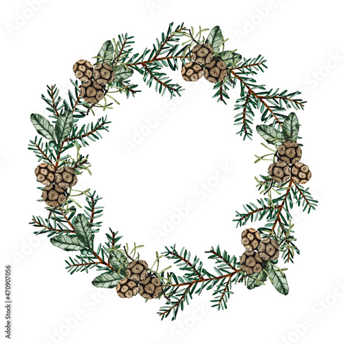 Fototapeta Naklejka Na Ścianę i Meble -  Watercolor round christmas frame with fir branches, pine cones isolated on white background. Botanical greenery holiday illustration for wedding invitation card design