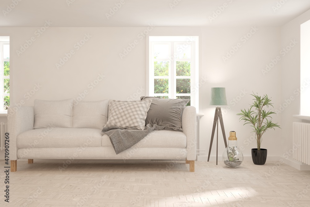 Fototapeta premium White living room with sofa. Scandinavian interior design. 3D illustration