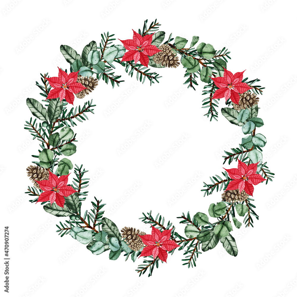 Fototapeta premium Watercolor round christmas frame with fir branches, pine cones, poinsettia flower isolated on white background. Botanical greenery holiday illustration for wedding invitation card design