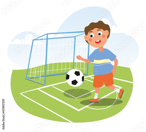 Happy active little boy playing football or soccer on the field. Concept of happy children spending active time outdoors in the summer. Flat cartoon vector illustration