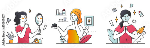 Set with women applying cleansing and moisturizing skincare products. Concept of everyday skin care routine with cleanser and moisturizer. Flat cartoon vector illustration